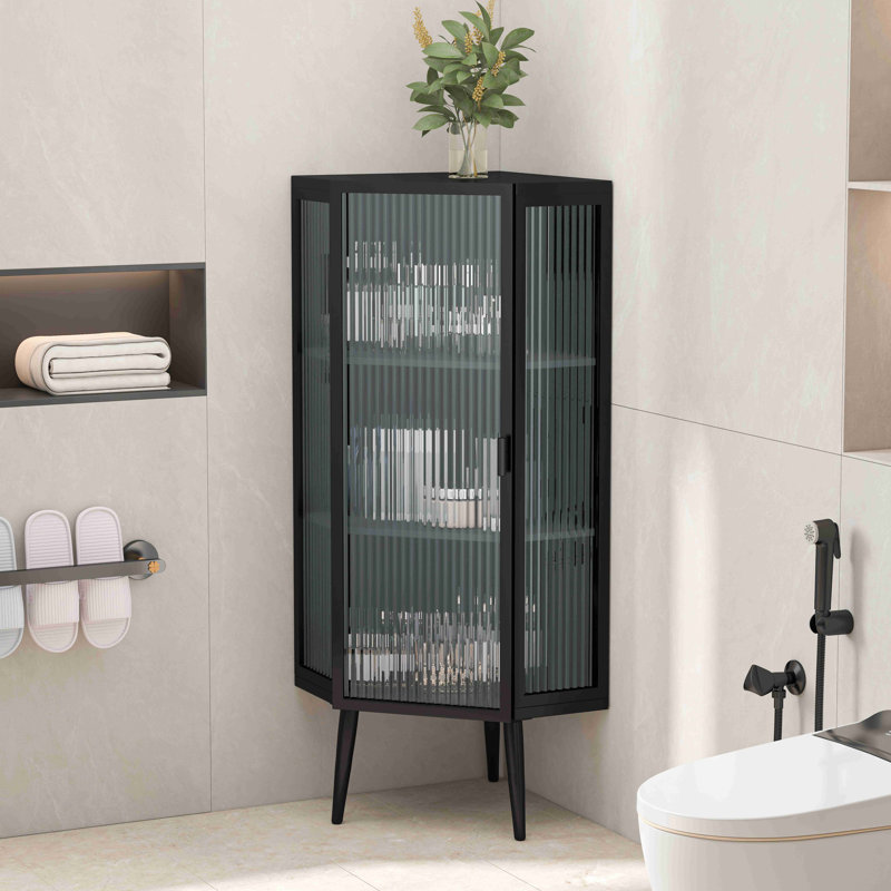 22.25'' Floor Coner Cabinet,Three Tiers With Tempered Glass Doors And Storage Shelves For Bathroom, Living Room And Bedroom
