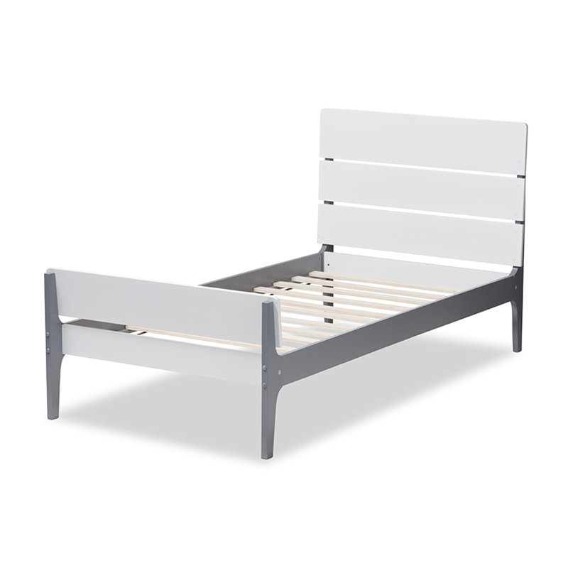 Rabia Solid Wood Slat Bed, White/Gray
