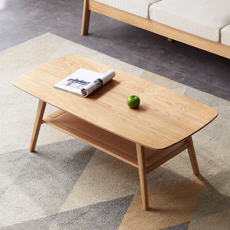 Table basse avec plateau central 100% bois massif avec plateau de rangement, Chêne clair