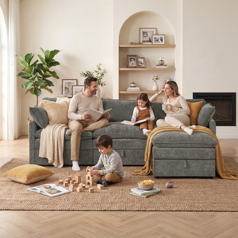 Canapé modulaire en L en chenille de 103 po à 4 places avec sièges de rangement Greer, Gris chenille