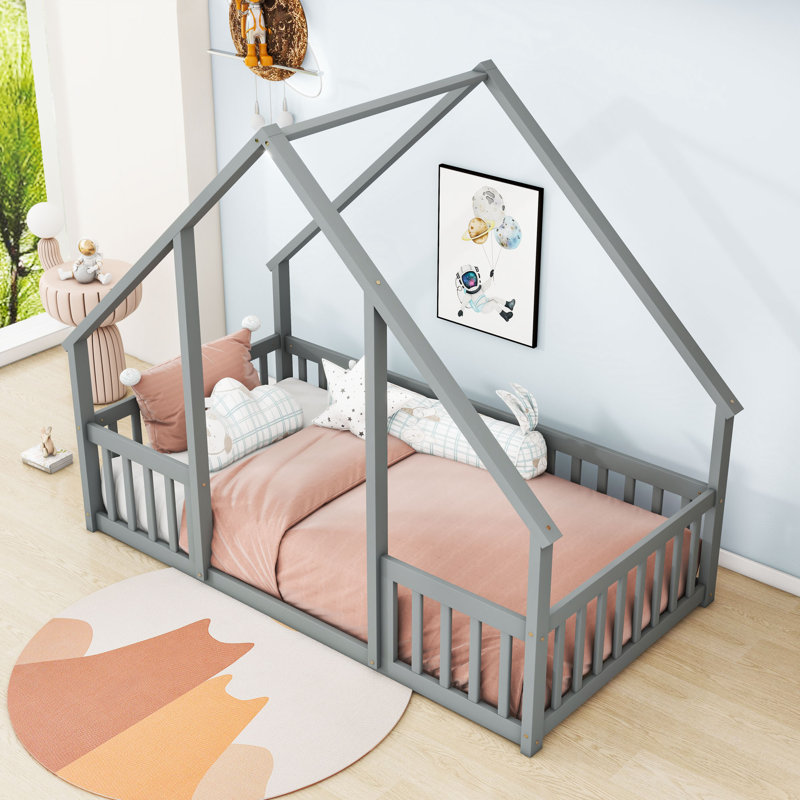 Wood House-Shaped Floor Bed With Guardrails, Gray, Twin
