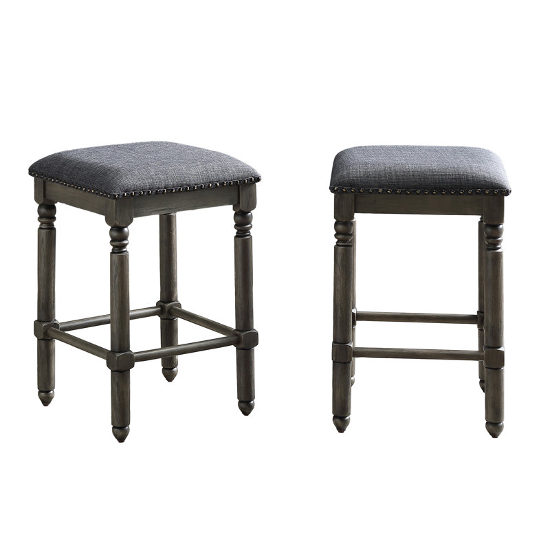 Tabourets gris à hauteur de comptoir rembourrés de 2 sièges en tissu brun clair avec têtes de clou bronze, fabrication en bois d'hévéa massif et en contreplaqué, style rustique chic, l 16 po x P 16 po x H 24,44 po, assemblage requis: 2 po