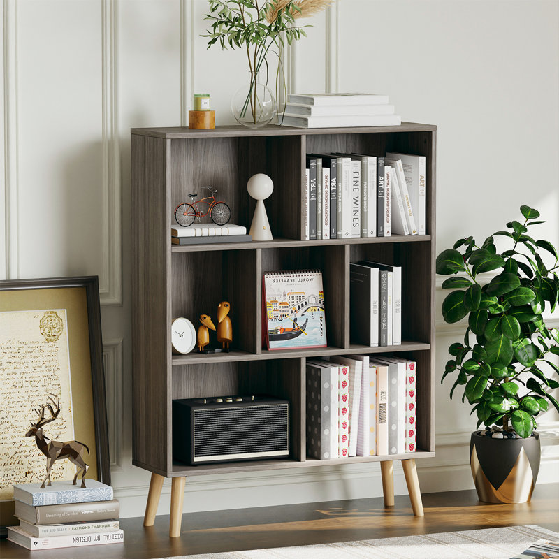 Jaen Solid and Manufactured Wood Cube Bookcase, Platinum Gray, (7 Shelves) 42.5" H x 31.5" W x 9.4" D  