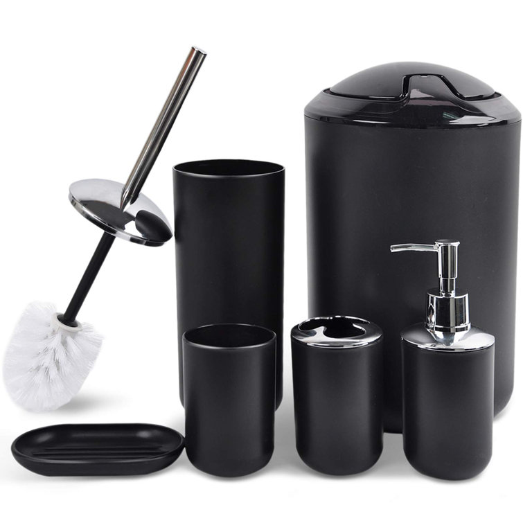 Glowing 5 Pieces Bathroom Sets in Black Color / Trash Can, Toilet Brush,  Soap Dish, Toothbrush Holder, Tray / Unique Bathroom Decor 