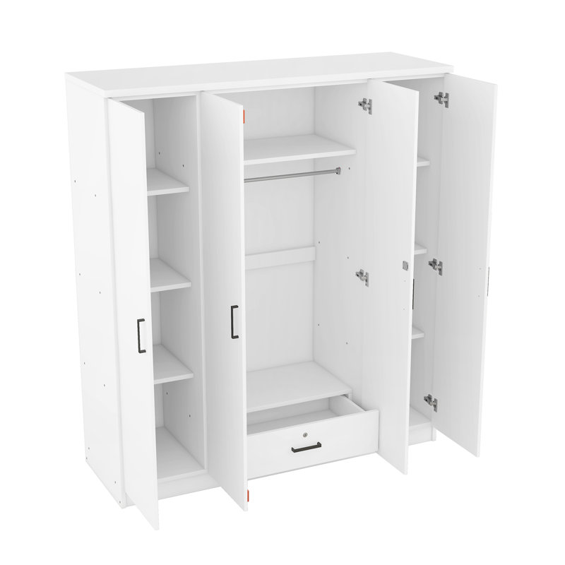 Armoire de chambre à coucher à 4 portes avec tringle, tiroir de rangement et tablettes, H 67,90 po x l 59,20 po x P 19,20 po