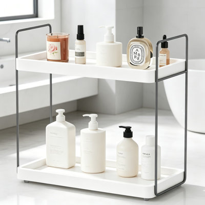 Organisateur de salle de bain blanc pour comptoir, organisateur de tablette de cuisine à 2 niveaux pour station de café, rangement pour meuble-lavabo avec plateau de lavabo à niveaux pour parfums et soins de la peau, blanc et gris