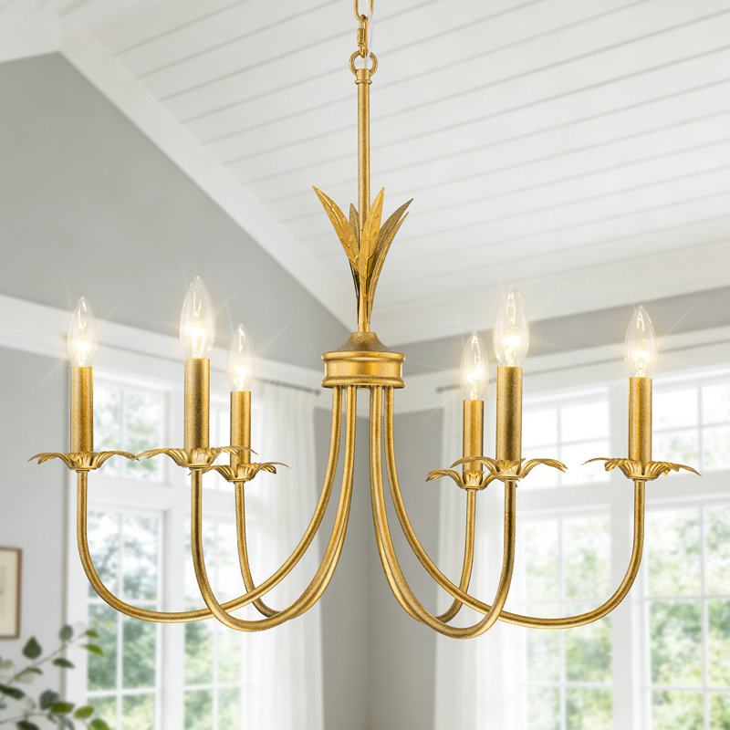 Lustre classique / traditionnel 6 lumières à intensité variable de style bougie pour salle à manger et entrée, Doré