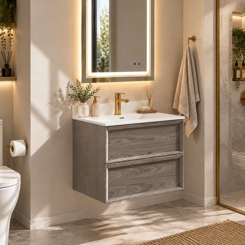 Meuble-lavabo mural flottant 36 po Modern, Smoked Grey Oak, 24"