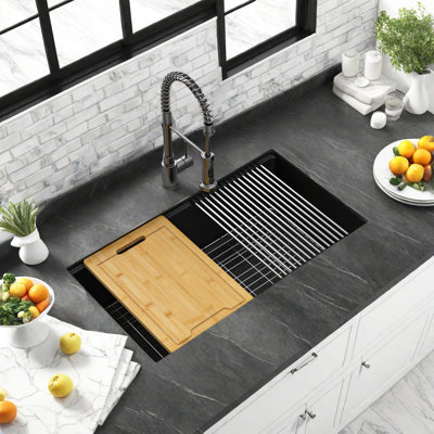 30 Inch Black Quartz Undermount Kitchen Sink, Single Bowl Granite Composite Workstation Sink with Cutting Board, Roll-Up Drying Rack, Basket Strainer & Bottom Grid, 8.94" Deep, for 33" Cabinet