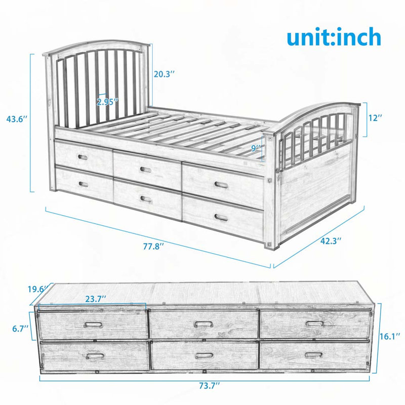 Lit rangement en bois massif avec 6 tiroirs, Noyer