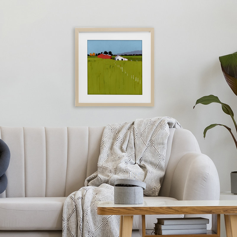 «Pastoral Fence Line», reproduction sous verre encadrée, design par Ruth LaGue, H 16 po x l 16 po, Cadre de récolte en pin