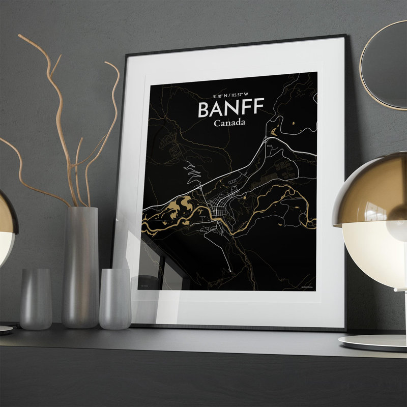Banff, carte de la ville, impression, H 20 po x l 16 po, Noir / or