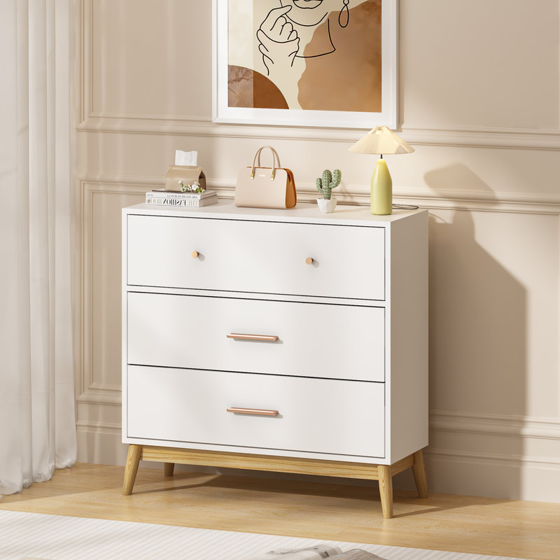 Armoire de rangement blanche à 3 tiroirs de style nordique avec poignées en or rose et base en bois massif, idéale pour le bureau, la chambre d'enfant et la chambre de bébé