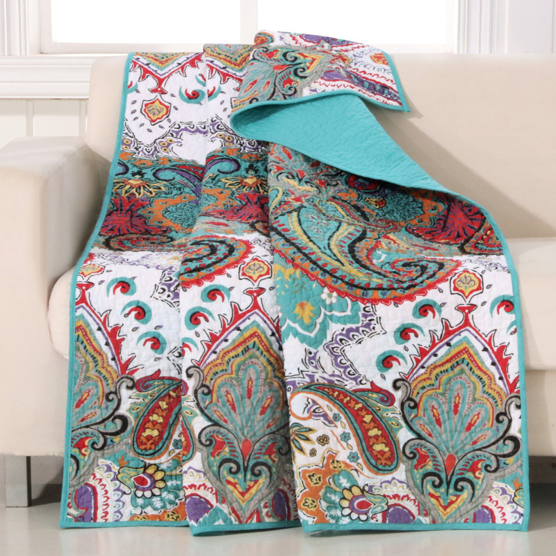 Nirvana Quilted Cotton Throw in Blue, Purple, Red - Reversible and Washable