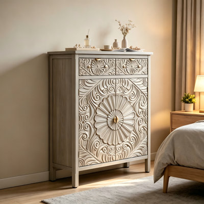 Commode d'appoint vintage sculptée avec 2 tiroirs et 2 portes, buffet de rangement embossé floral avec tablette réglable pour le vestibule, le salon et la salle à manger