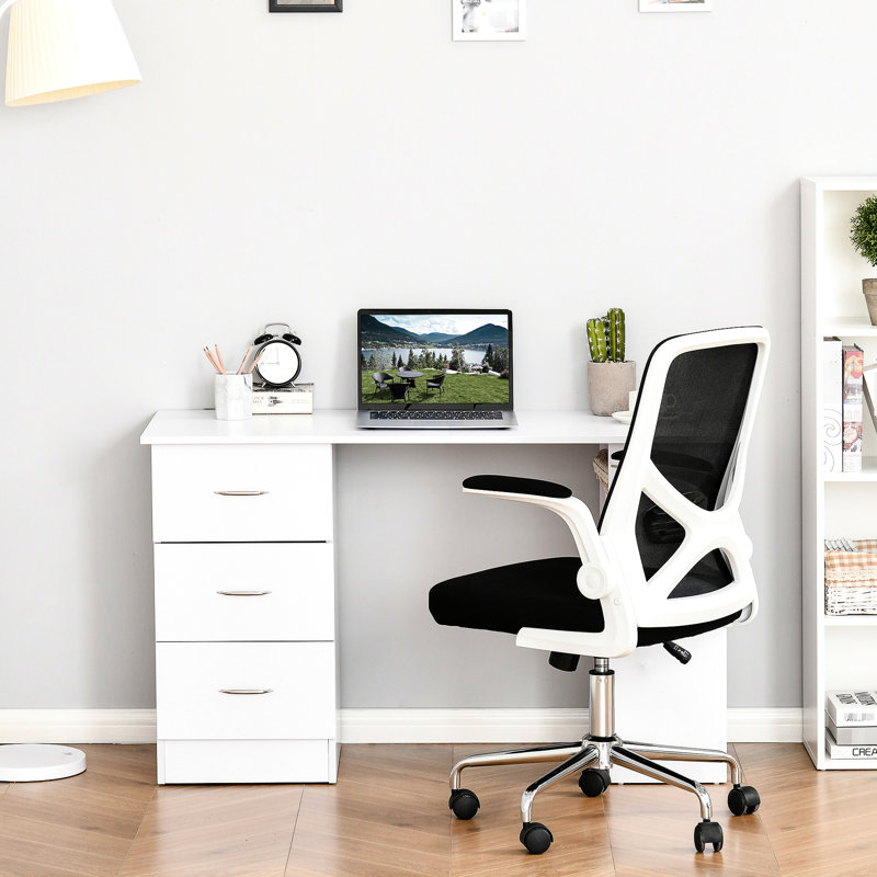 Bureau moderne blanc avec 3 tiroirs et étagères, poste de travail de 119 cm (47 pouces) pour la maison, la chambre, la résidence étudiante, construction robuste, 3 espaces de rangement - Bureau à domicile, appartement étudiant