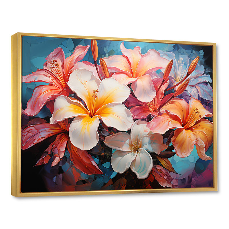 «White and Coral Plumeria Blooming Paradise» sur toile imprimée, Cadre flottant doré, H 34 po x l 44 po x P 1,5 po