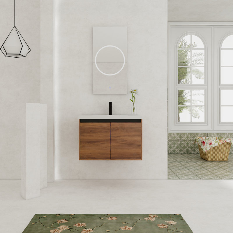 Ensemble de meuble-lavabo brun 30 po avec lavabo de comptoir en résine et 2 portes | Idée de cadeau