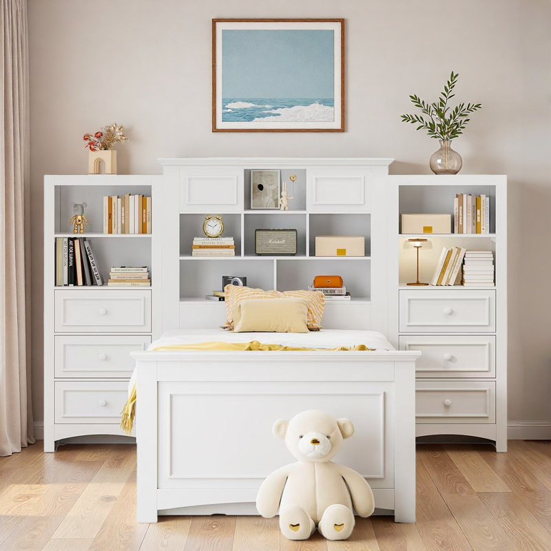 Lit plateforme en bois avec tiroirs et compartiments de rangement, Blanc