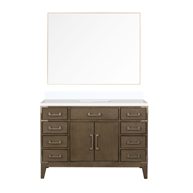 48 po M 1 meuble-lavabo avec miroir 46, conception à six tiroirs, plateau en quartz blanc et tablette ouverte, Grey