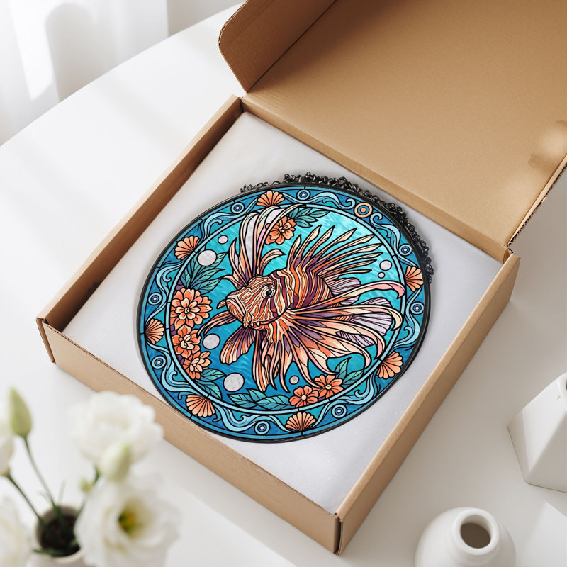 Panneau de vitrail en forme de poisson lion ， 12 po, 12"H