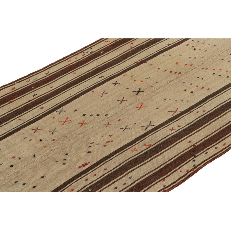 1950S Vintage Turkish Kilim Rug In Beige & Brown Stripes, Geometric Patterns