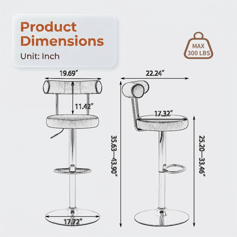 Tabourets de bar (ensemble de 2), revêtus de suède doux avec pieds en métal, pivotants, réglables en hauteur, style Mid-Century moderne, orange et or