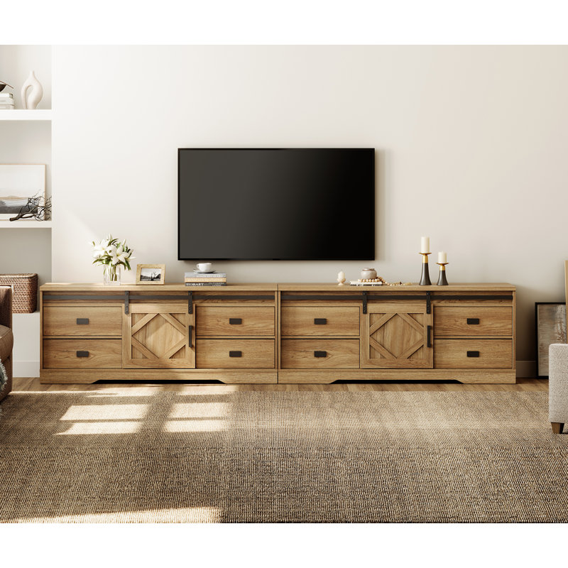 Laziza Farmhouse 2 In 1 TV Stand For Up To 130" Tvs, Wood Entertainment Center With 8 Drawers And 2 Sliding Barn Door