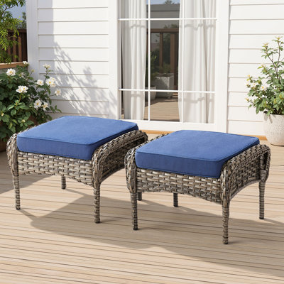Repose-pieds d'extérieur pour 2 personnes, repose-pieds gris avec coussin bleu pour la cour arrière, confortable et contemporain, pouvant supporter jusqu'à 250 lb, structure rouille, tissé à la main, revêtement imperméable amovible pour patio ou terrasse,