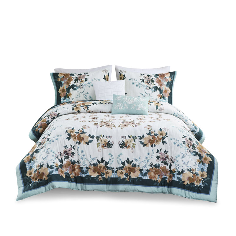 Édredon double / grand avec motif floral à lignes grises et bleues -, Édredon grand + 4 pièces supplémentaires inclus