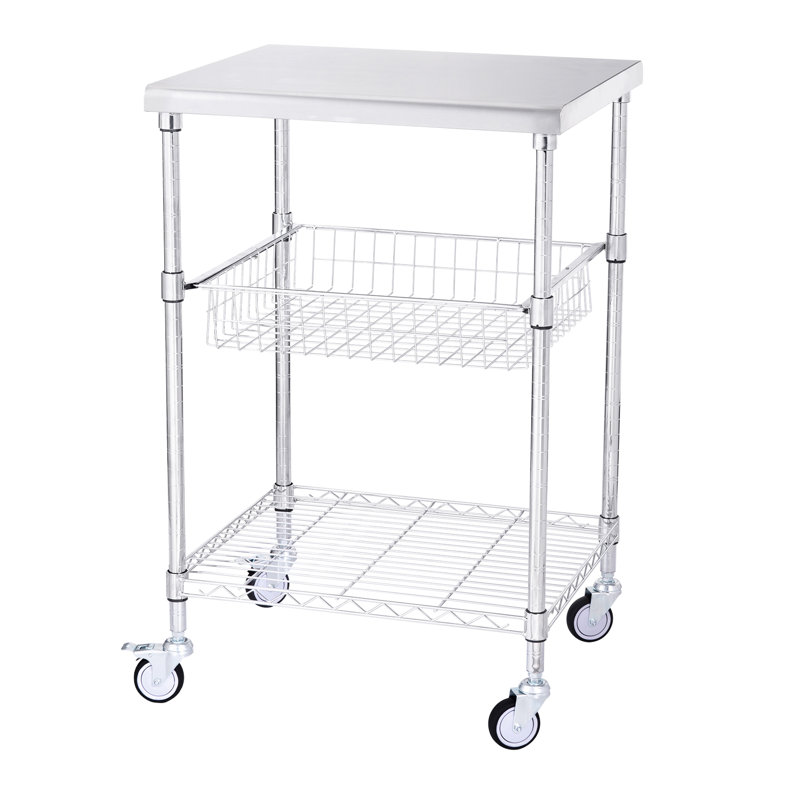 Chariot utilitaire roulant 3, 470 lb, 24 po x 20 po x 36,6 po, 6 crochets, plateau de table en acier inoxydable, tablettes réglables, roulettes de 3 po, acier, silencieux