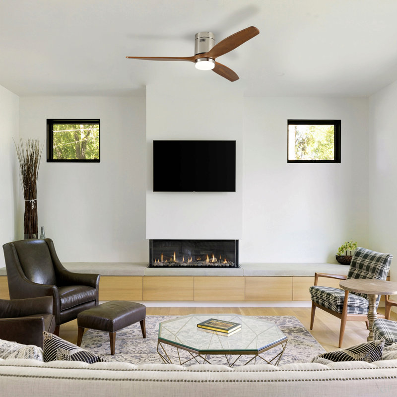 52 Inch Ceiling Fan With Light, 3 Light Solid Wood Blades,Remote Control,6-Speed Reversible DC Motor For Living Room,Bed Room,Dining Room