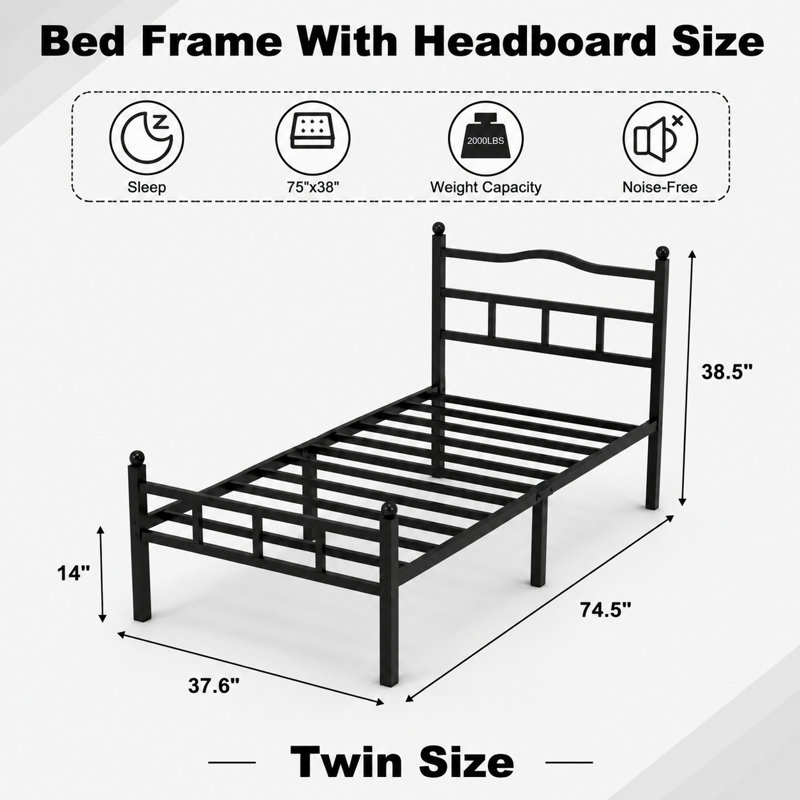 Metal Bed Frame With Headboard Twin Sized, Twin