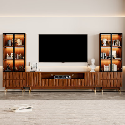 125.9" Brown  Entertainment Center TV Stand With Bookshelves For 55/58/65/70/75 Inch TV, Mid-century Modern Wooden Fluted Walnut Finish Storage Media Console With Wood Tapered Legs And Lighted Glass Display Bookshelf For Living Room