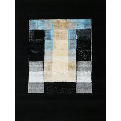 Hand Knotted Patchwork Area Rug in Black/Gray/Beige/Blue