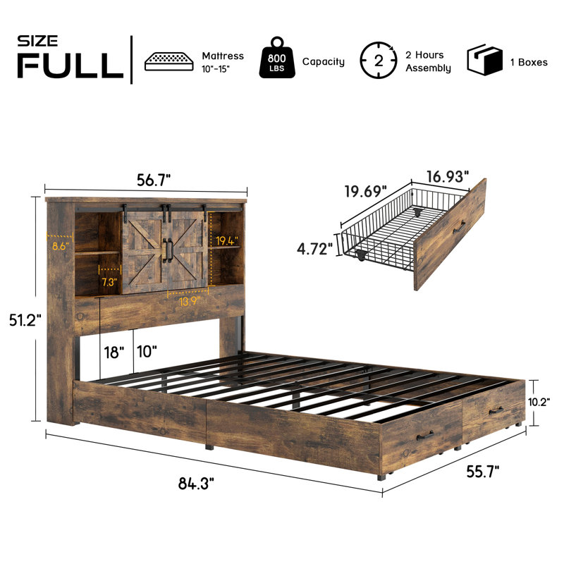 Rustic Brown Full Size Wood Platform Bed with Bookcase Headboard and Storage