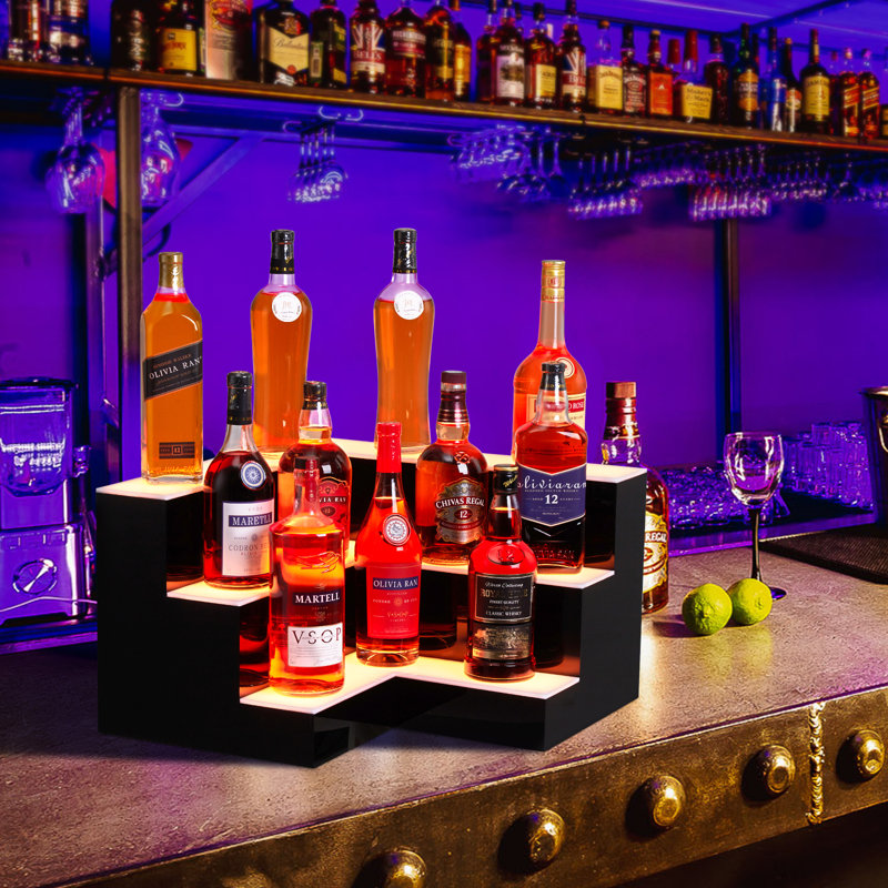Étagère 20 pouces à 3 niveaux pour bouteilles de boissons alcoolisées à DEL, étagère de bar murale éclairée avec télécommande