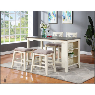 Table de salle à manger à hauteur de comptoir moderne 5 pièces avec tablettes de rangement, chaises hautes et tabourets