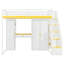 Lit mezzanine double avec escalier de rangement, coiffeuse, garde-robe et ports USB, lumières DEL pour adolescents, blanc et jaune-2046200476