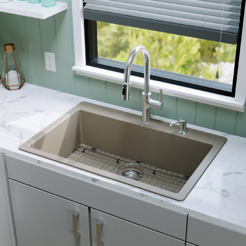 Karran Quartz 33'' X 22'' Large Single Bowl Drop-in Kitchen Sink With Bottom Grid and Strainer, Concrete