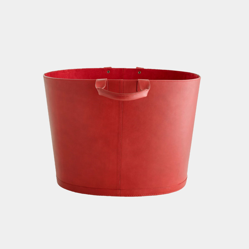 Oversized Oval Leather Basket-Deep Red, Red