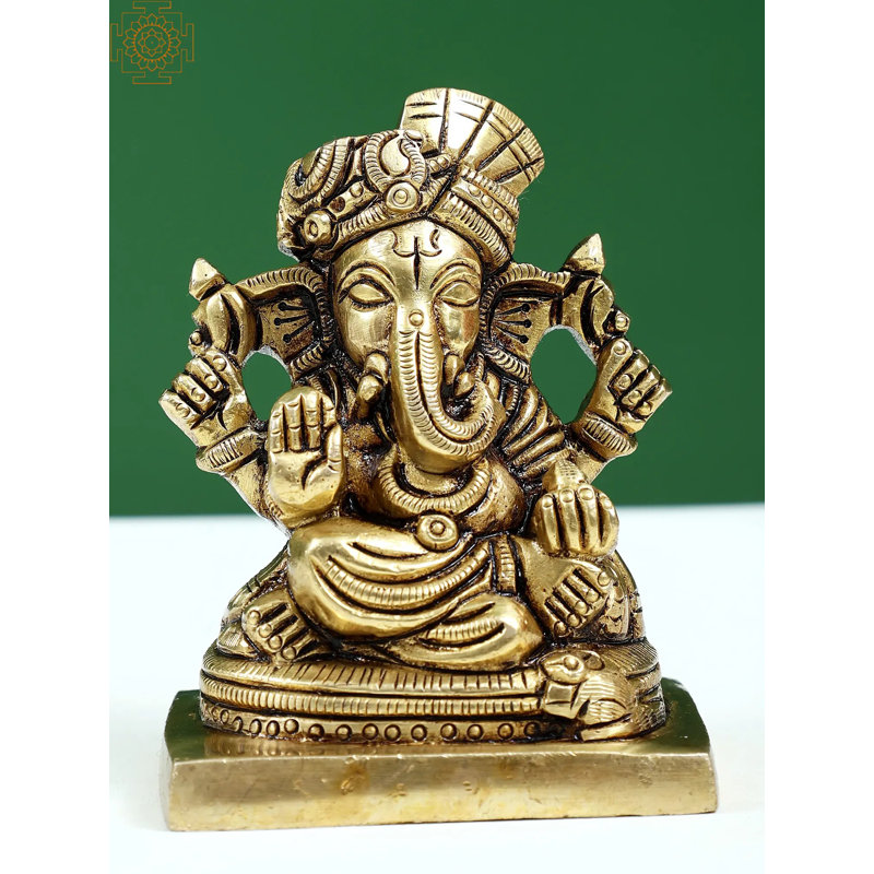 3" Small Brass Raja Ganapathy Statue – Handcrafted Hindu Elephant God Idol with Regal Posture for Home Altar Decor
