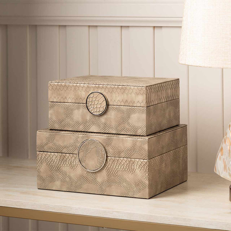 26cm Taupe Colour Faux Leather Storage Box Set, Decoration Box for Bedroom and Living Room Furniture