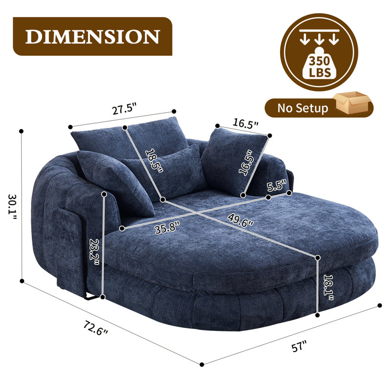 72.6" Blue Oversized Chaise Lounge Chair, Compression Chenille Sofa Bed, Deep Seat Comfy Sleeper Couch with Throw Pillow and Side Pocket, No Assembly Needed for Home, Bedroom and Movie Room