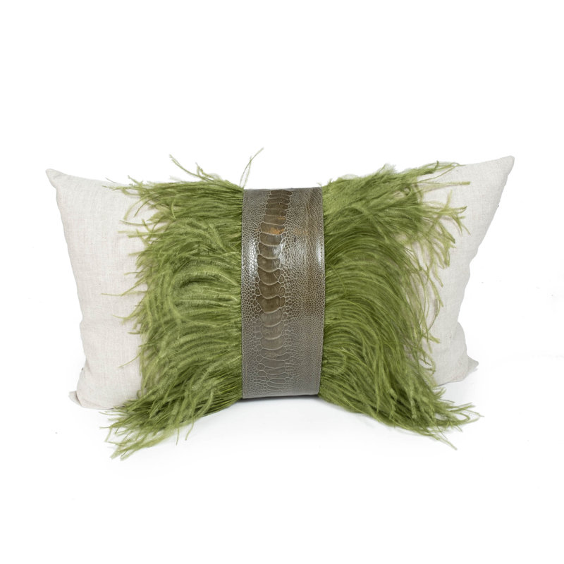 Linen Lumbar Pillow with Ostrich Feather Trim, Natural Linen/Olive Ostrich Feather