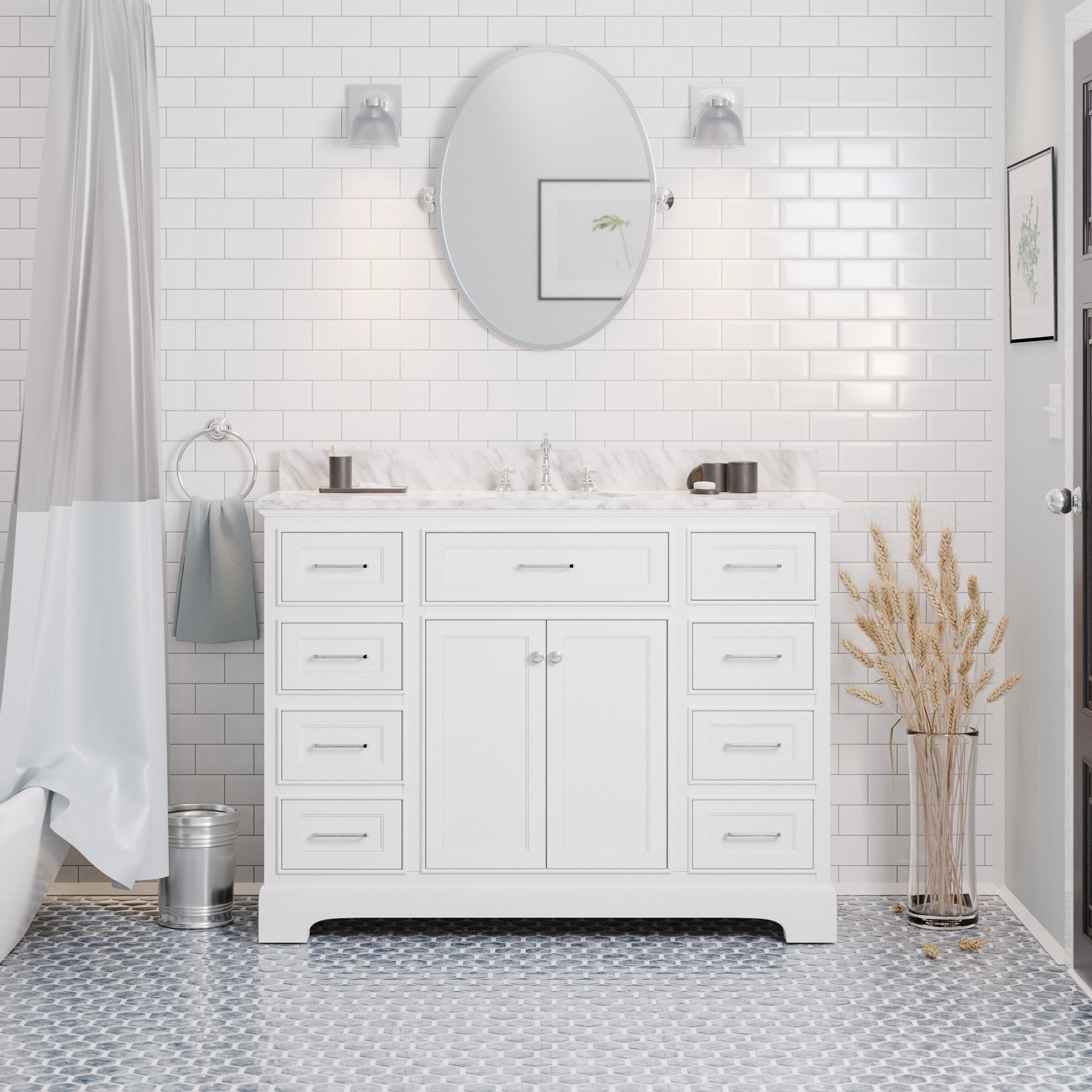 Ronnie 48'' Single Bathroom Vanity, White, Carrara Marble