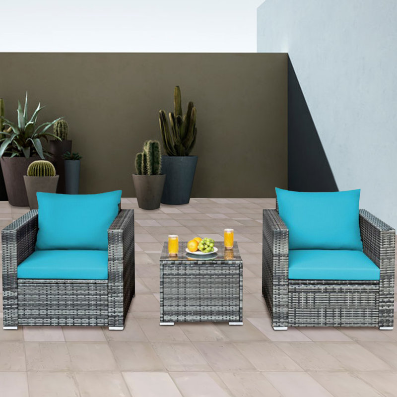 Alycen 2 - Person Patio Conversation Set with Cushions, Turquoise, Gray