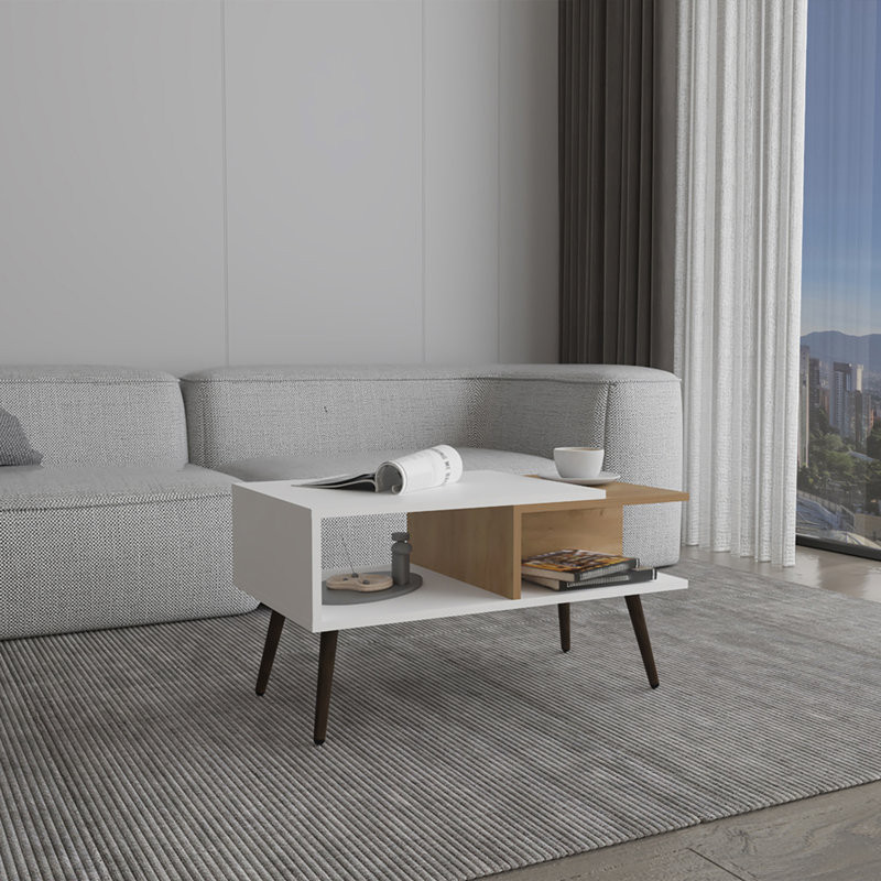White And Natural Oak Coffee Table With Open Storage And Conical Legs, 15.6" H x 29.5" L x 16.5" W