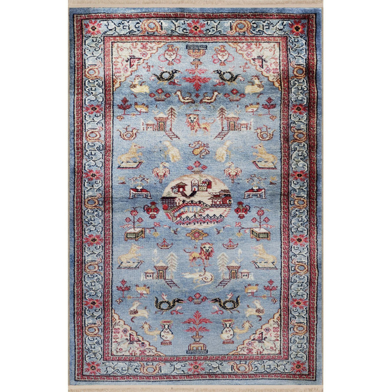 Tapis décoratif bleu rétro à motif animal et floral, Sous-tapis rectangulaire de 3 pi 3 po x 4 pi 11 po