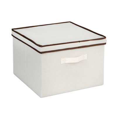 LargeStorageBoxwithLidSoftPoly-CottonCanvaswithReinforcedFrameGenerousStorageCapacityFully-RemovableLidFrontHandleVersatileFoldableandStackablewithCoffeeTrim